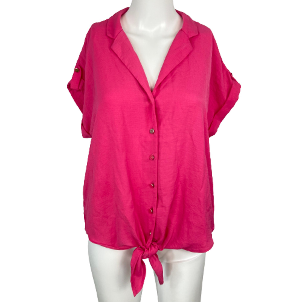 Dunnes Shirt Womens Sz 12 Pink V-Neck Button Front Tie Cuffed Sleeve Lightweight